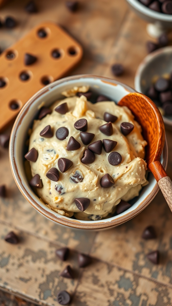Single-serving edible cookie dough with chocolate chips in a small bowl on a rustic table.